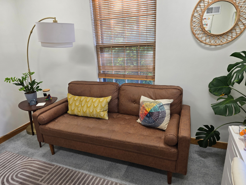 therapy office with a brown couch with pillows, art on the walls, a standing lamp and two plants