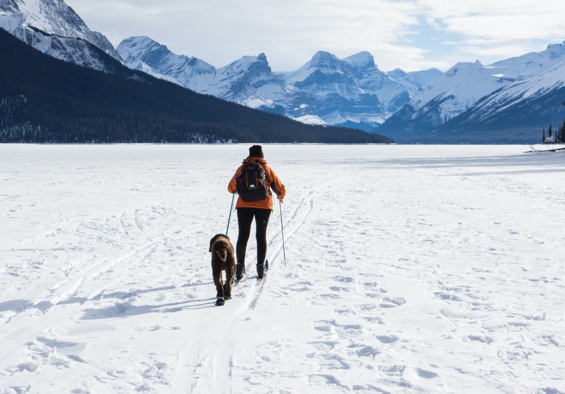 A person walks across a frozen snow covered lake in the mountains with their dog. Online depression treatment in Hershey, PA can offer support during the cold winter months. Contact an online therapist for more info about online depression help in Pennsylvania! 17033