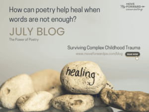 River rocks with the word healing on them related to how poetry can help heal when words are not enough.