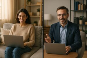 Split-screen image showing a woman sitting on a sofa in a cozy, sunlit living room having a video session with a friendly therapist in Pennsylvania.