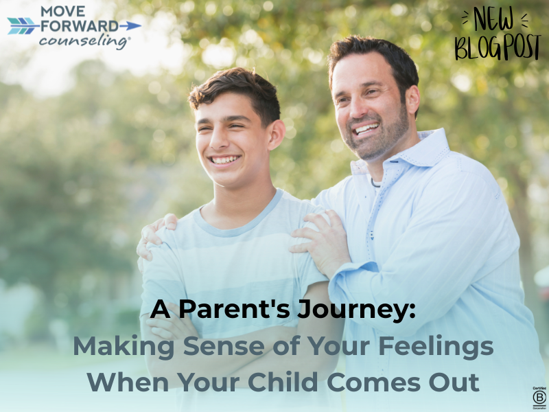 a father holds the shoulders supportively of his teenage son after the son comes out