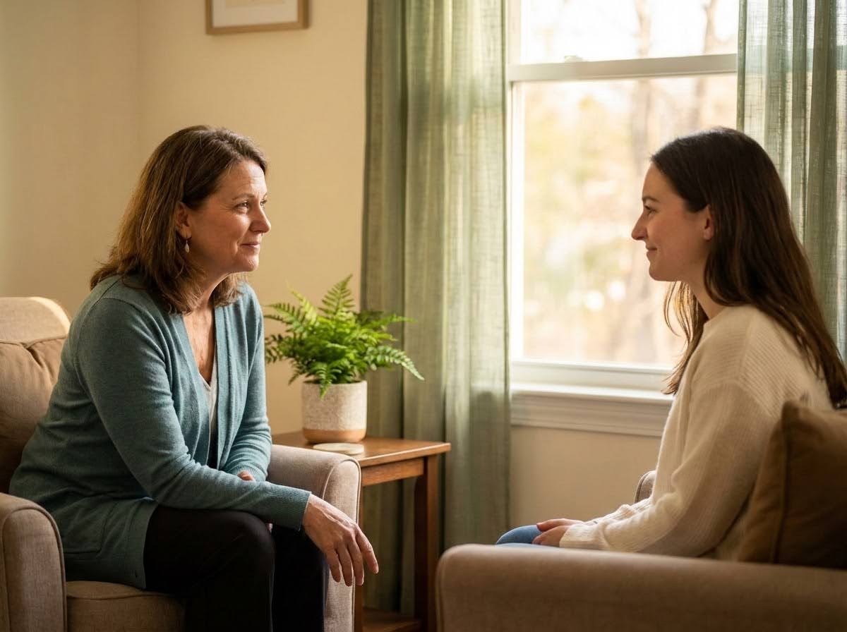 A woman in a therapy session with a compassionate counselor in a warm, natural-light office setting, representing DBT eating disorder treatment at Move Forward Counseling in Pennsylvania