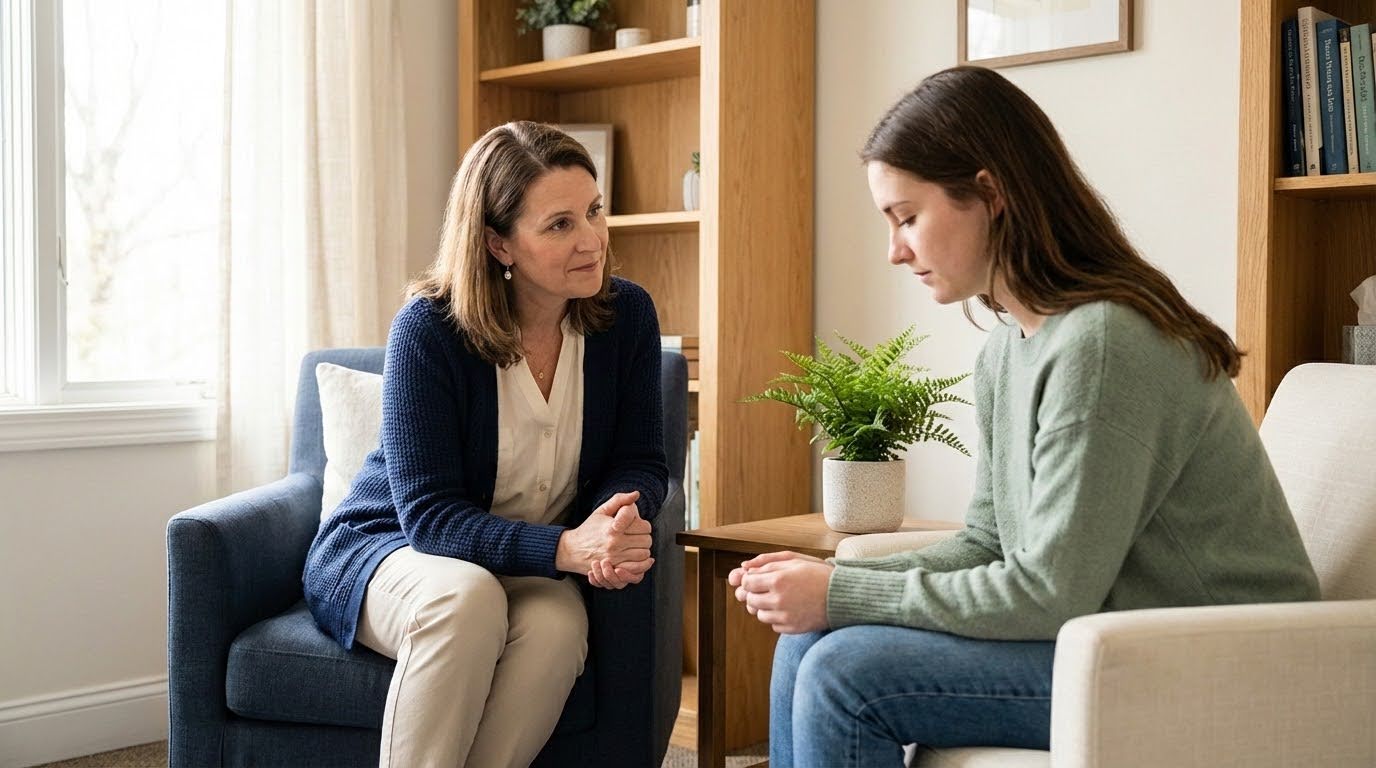 A compassionate therapist and adult female client in a warm, modern counseling office in Pennsylvania, representing evidence-based eating disorder treatment