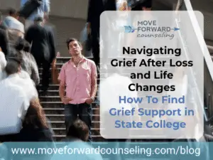 a young man with dark hair and a pink button down short sleeved shirt stands on a stairway outside while blurred people go up and down around him with the caption Navigating Grief After Loss and Life Changes How To Find Grief Support in State College