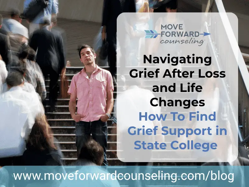 a young man with dark hair and a pink button down short sleeved shirt stands on a stairway outside while blurred people go up and down around him with the caption Navigating Grief After Loss and Life Changes How To Find Grief Support in State College
